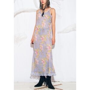 Valerie Stephens vintage Y2K pastel purple floral semi-sheer slip maxi dress